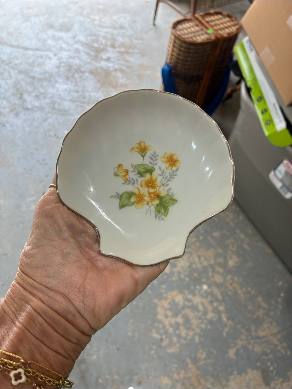 White Porcelain Shell Dish with Yellow Floral Design